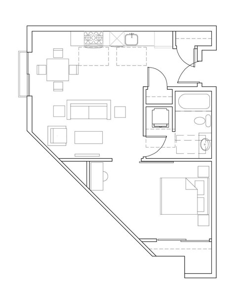 Floor plan for 1 bed, 1 bath, 611 sqft